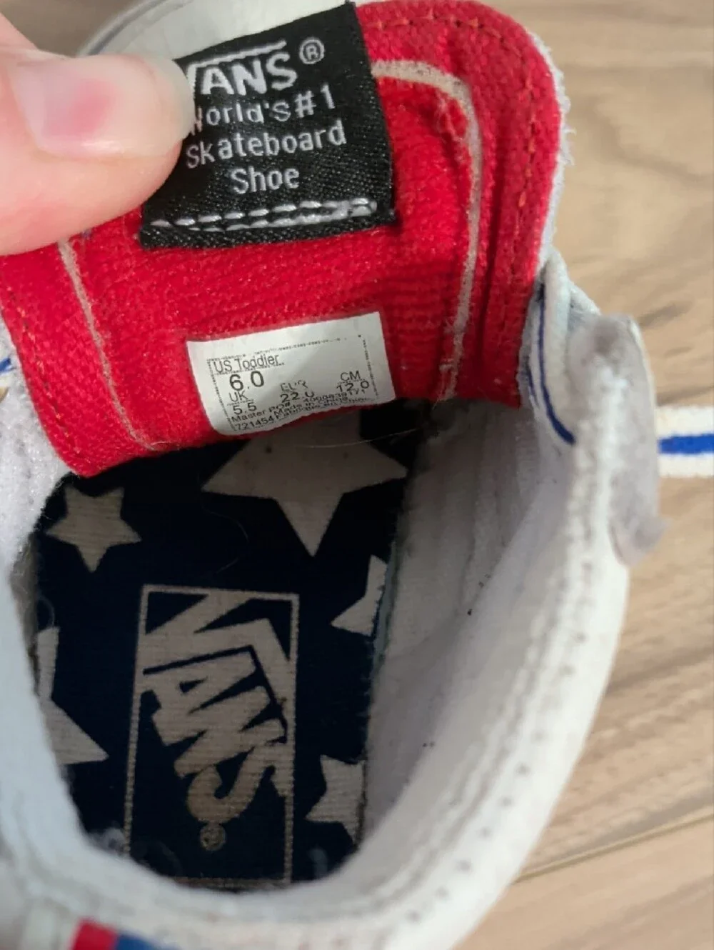 Vans White High-Top Kids Sneakers with Red & Blue Star Stripe